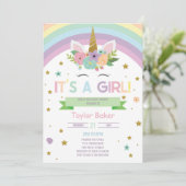 Uitnodiging tot Baby shower van Unicorn en Rainbow (Staand voorkant)