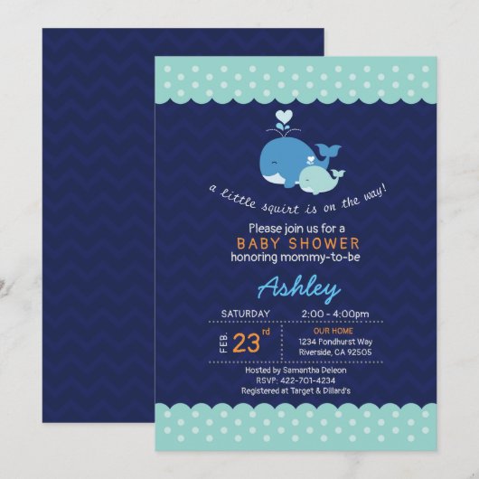uitnodiging tot baby shower van walvis (Voorkant / Achterkant)