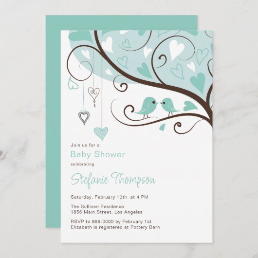 Uitnodiging tot Baby shower van Whimsical Blue Bir (Voorkant / Achterkant)