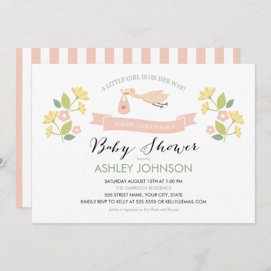 Uitnodiging tot Baby shower van Whimsical Stork (Voorkant / Achterkant)