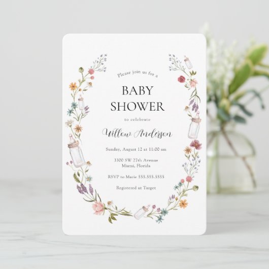 Uitnodiging tot Baby shower van wilde bloemen (Staand voorkant)