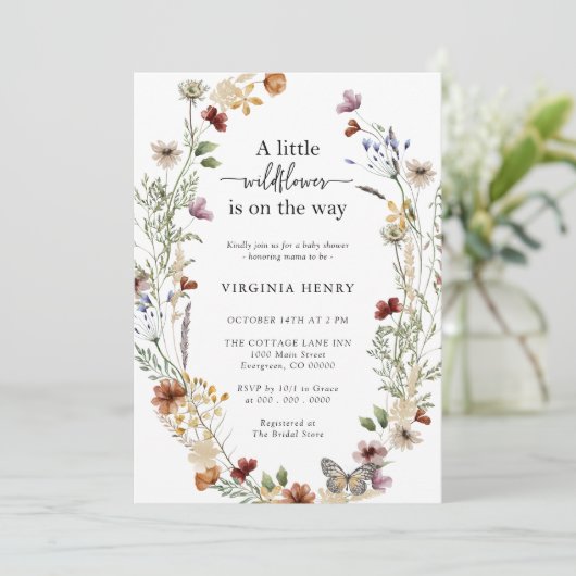 Uitnodiging tot Baby shower van wilde bloemen (Staand voorkant)