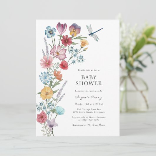 Uitnodiging tot Baby shower van wilde bloemen (Staand voorkant)
