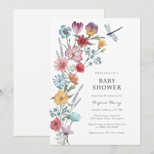 Uitnodiging tot Baby shower van wilde bloemen (Voorkant / Achterkant)