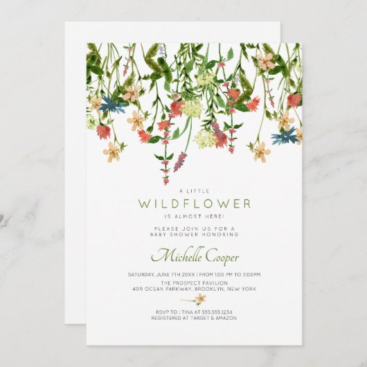 Uitnodiging tot Baby shower van wilde bloemen (Voorkant / Achterkant)