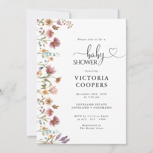 Uitnodiging tot Baby shower van wilde bloemen (Voorkant)