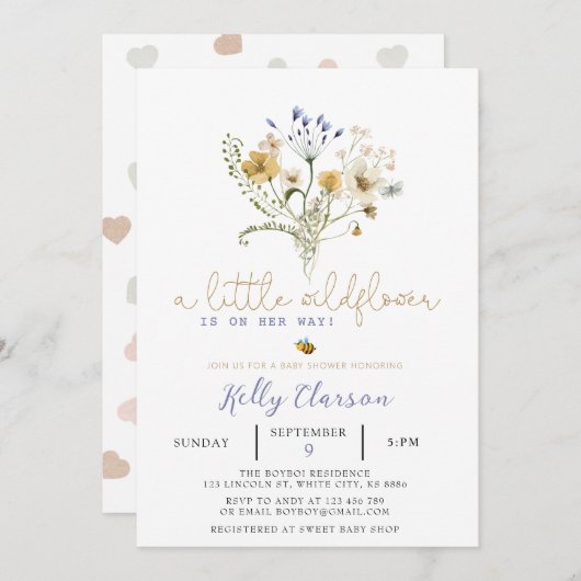 Uitnodiging tot Baby shower van wilde bloemen (Voorkant / Achterkant)