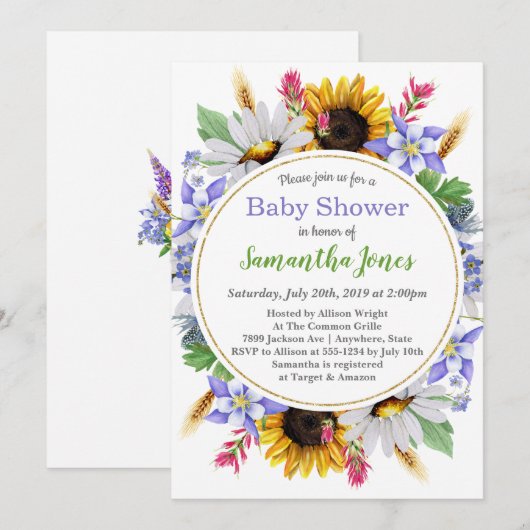 Uitnodiging tot Baby shower van wilde bloemen (Voorkant / Achterkant)