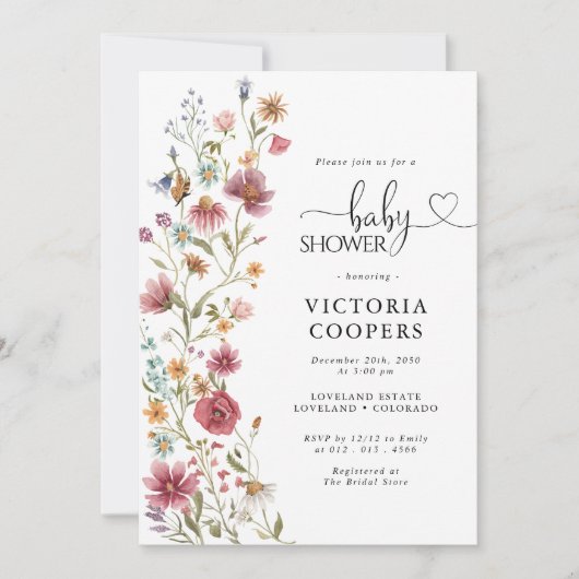 Uitnodiging tot Baby shower van wilde bloemen (Voorkant)