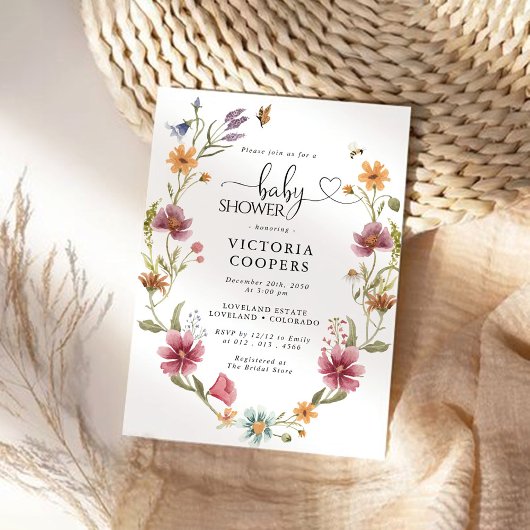 Uitnodiging tot Baby shower van wilde bloemen