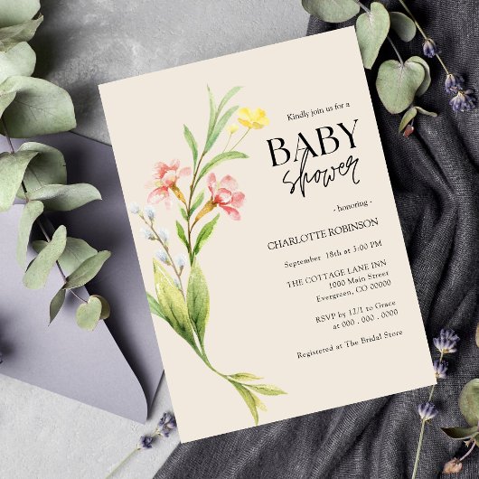 Uitnodiging tot Baby shower van wilde bloemen