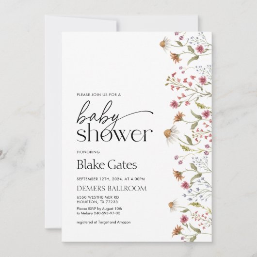 Uitnodiging tot Baby shower van wilde bloemen (Voorkant)