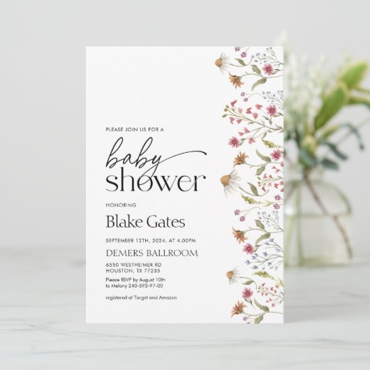 Uitnodiging tot Baby shower van wilde bloemen (Staand voorkant)