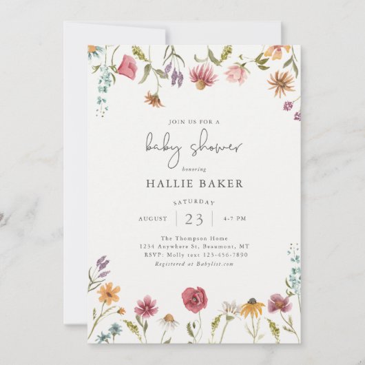 Uitnodiging tot Baby shower van wilde bloemen (Voorkant)
