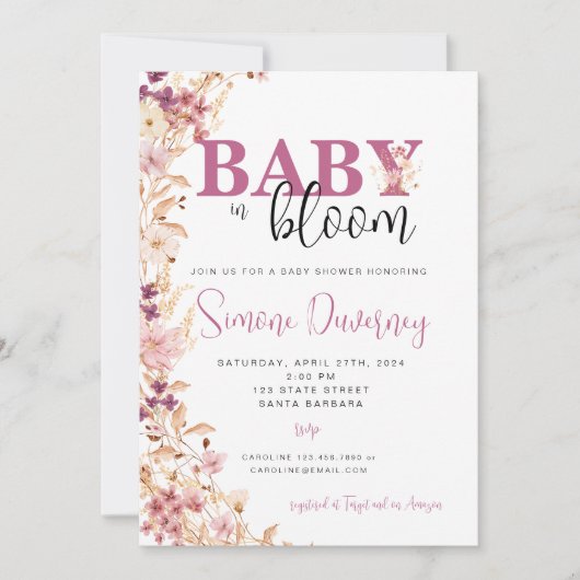 Uitnodiging tot Baby shower van wilde bloemen (Voorkant)