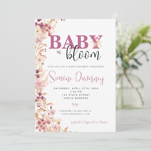 Uitnodiging tot Baby shower van wilde bloemen (Staand voorkant)
