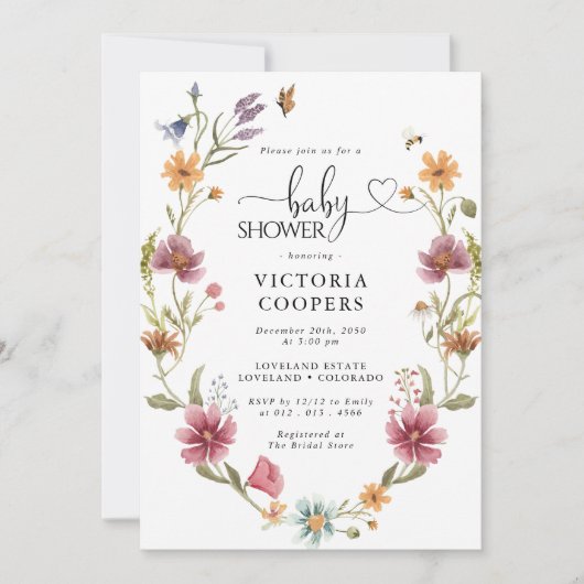 Uitnodiging tot Baby shower van wilde bloemen (Voorkant)