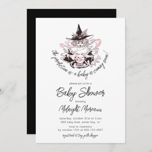 Uitnodiging tot Baby shower van Witch Halloween (Voorkant / Achterkant)