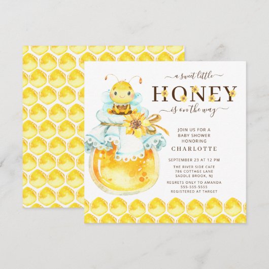 Uitnodiging tot Baby shower van zoete honingbijen (Voorkant / Achterkant)