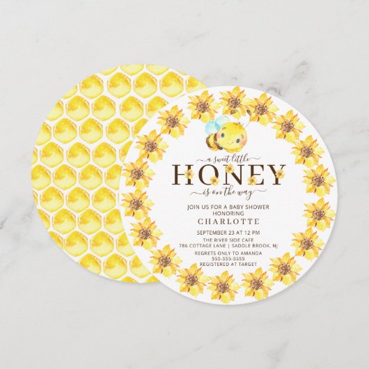 Uitnodiging tot Baby shower van zoete honingbijen (Voorkant / Achterkant)