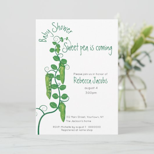 Uitnodiging tot baby shower van zoete pea (Staand voorkant)