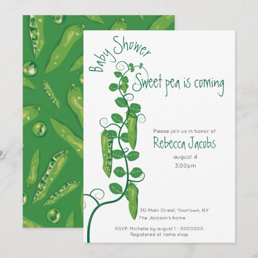 Uitnodiging tot baby shower van zoete pea (Voorkant / Achterkant)