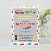 Uitnodiging tot baby shower voor auto's en vrachtw (Staand voorkant)