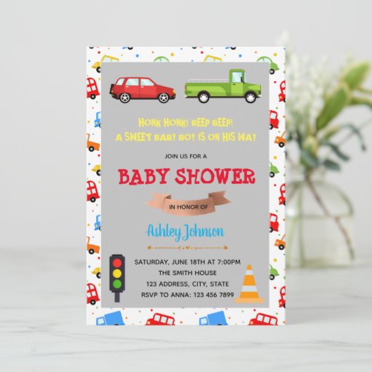 Uitnodiging tot baby shower voor auto's en vrachtw (Staand voorkant)