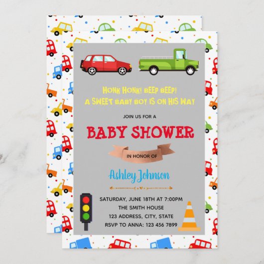 Uitnodiging tot baby shower voor auto's en vrachtw (Voorkant / Achterkant)