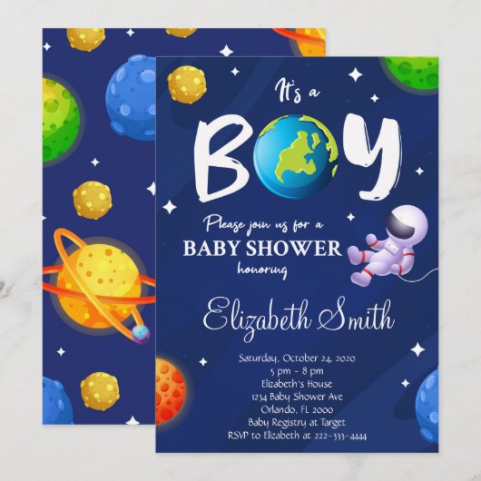 Uitnodiging tot Baby shower voor buitenruimteugen (Voorkant / Achterkant)