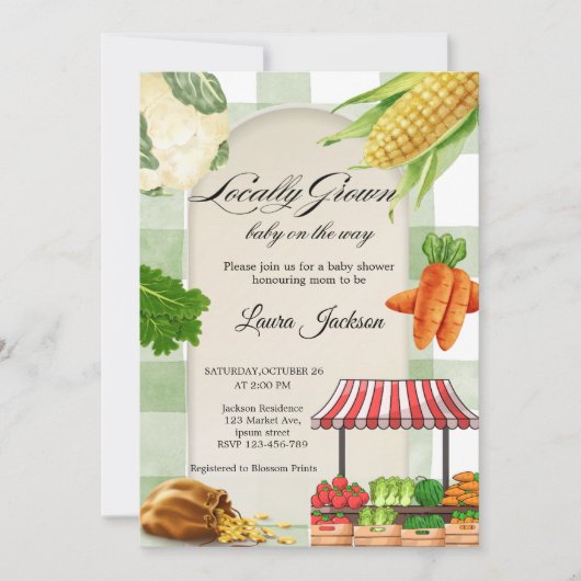 Uitnodiging tot Baby shower voor de boerenmarkt (Voorkant)