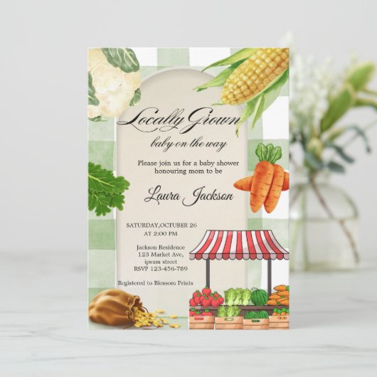 Uitnodiging tot Baby shower voor de boerenmarkt (Staand voorkant)
