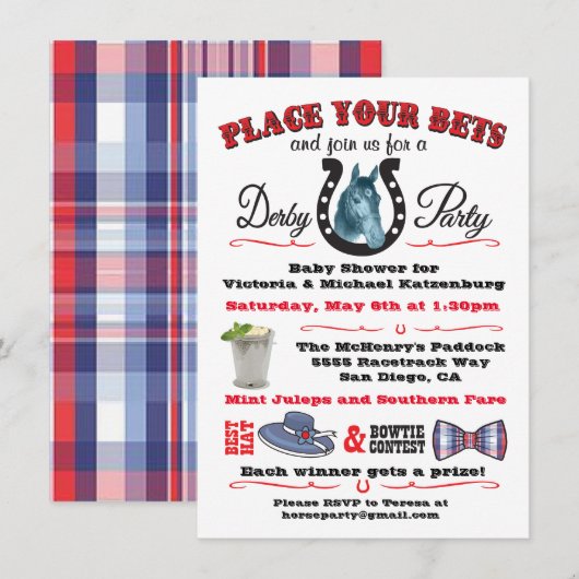 Uitnodiging tot Baby shower voor Derby Horse Racin (Voorkant / Achterkant)