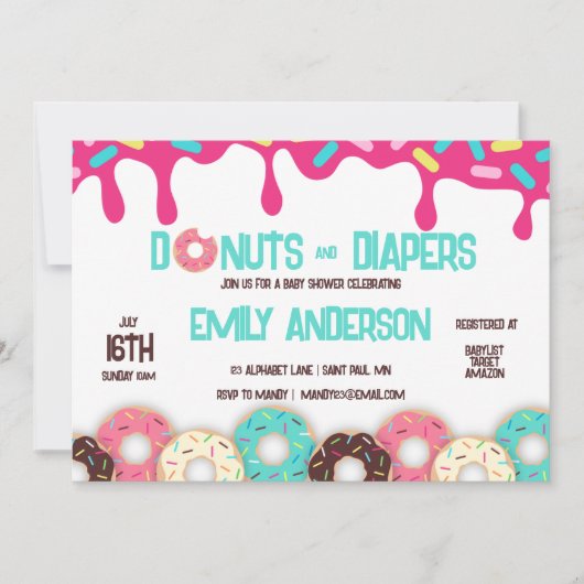 Uitnodiging tot Baby shower voor donuts en luiers (Voorkant)