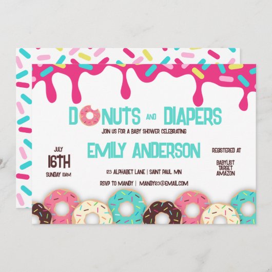 Uitnodiging tot Baby shower voor donuts en luiers (Voorkant / Achterkant)