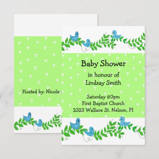 Uitnodiging tot Baby shower voor groene en blauwe (Voorkant / Achterkant)