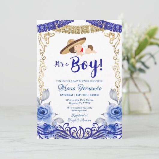 Uitnodiging tot Baby shower voor Mexicaans blauw e (Staand voorkant)