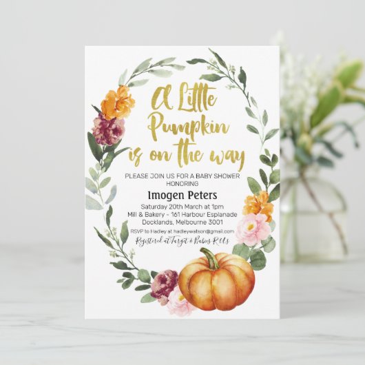 Uitnodiging tot baby shower voor roestvrij pompoen (Staand voorkant)