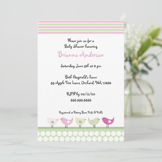 Uitnodiging tot Baby shower voor roze en groene vo (Staand voorkant)