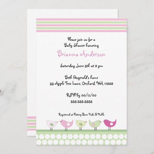 Uitnodiging tot Baby shower voor roze en groene vo (Voorkant / Achterkant)