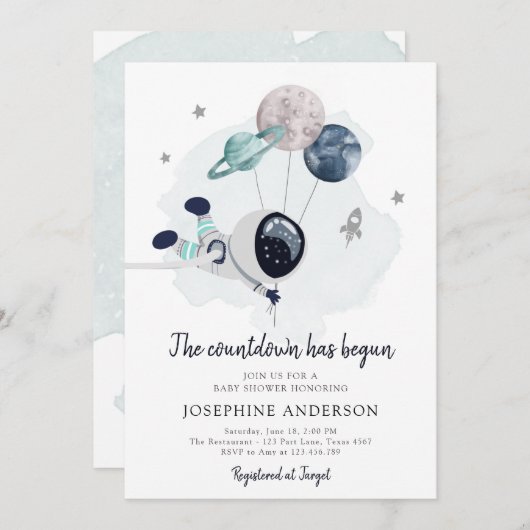 Uitnodiging tot Baby shower voor ruimteveer (Voorkant / Achterkant)