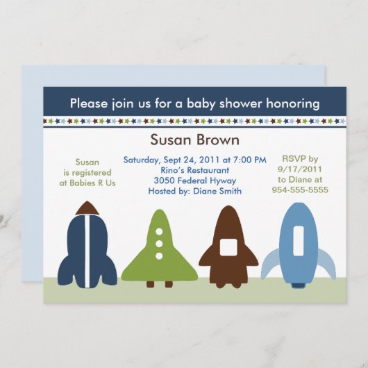 Uitnodiging tot Baby shower voor Space Rockets (Voorkant / Achterkant)