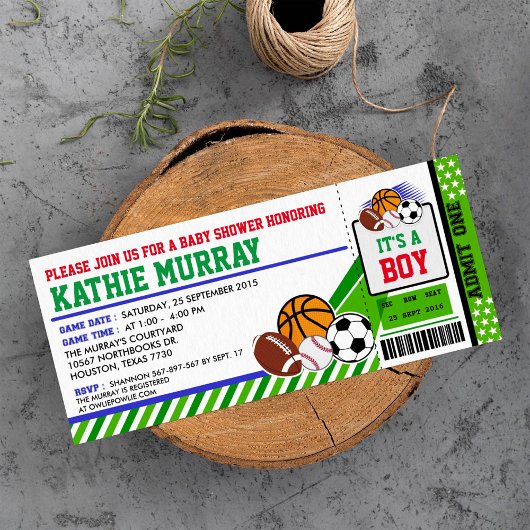 Uitnodiging tot Baby shower voor sportkaartjes