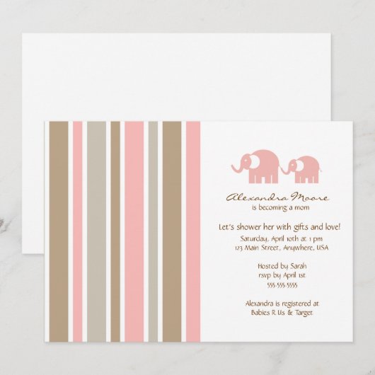 Uitnodiging tot Baby shower voor Stripes & Elephan (Voorkant / Achterkant)