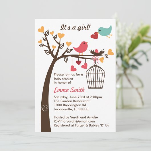 Uitnodiging tot Baby shower voor vogelfamilie (Staand voorkant)