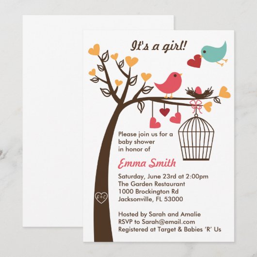 Uitnodiging tot Baby shower voor vogelfamilie (Voorkant / Achterkant)