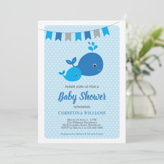 Uitnodiging tot Baby shower voor walvisjongen (Staand voorkant)