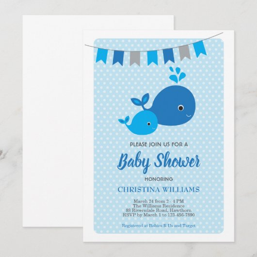 Uitnodiging tot Baby shower voor walvisjongen (Voorkant / Achterkant)