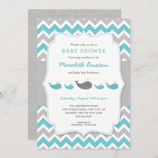 Uitnodiging tot baby shower voor walvissen, neutra (Voorkant / Achterkant)