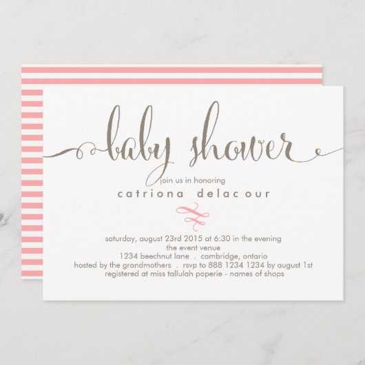 Uitnodiging tot Baby shower voor witte kalligrafie (Voorkant / Achterkant)